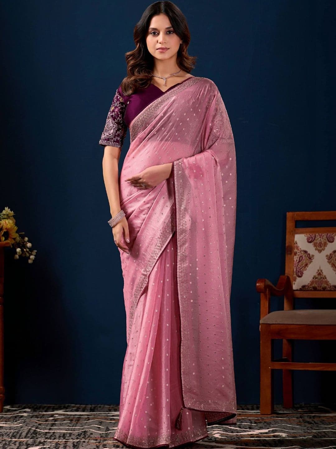 K 5 Fashion Ethnic Motifs Embroidered Pure Chiffon Fusion Ikat Saree - view 1