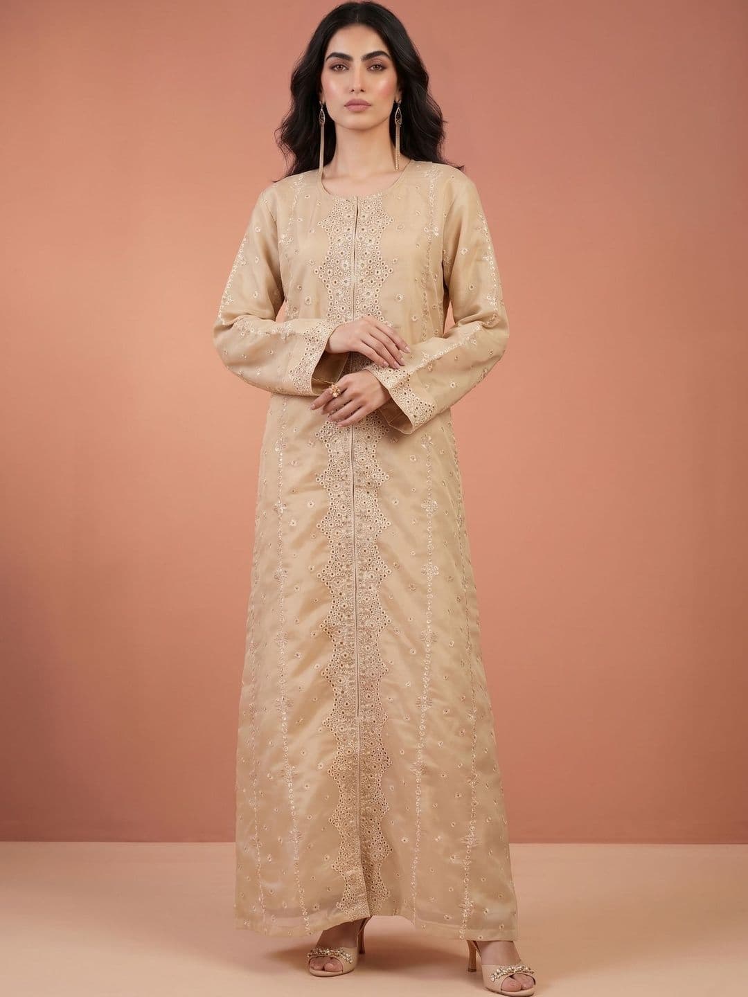 House of Pataudi Embroidered Round Neck Maxi Ethnic Dresses - view 1