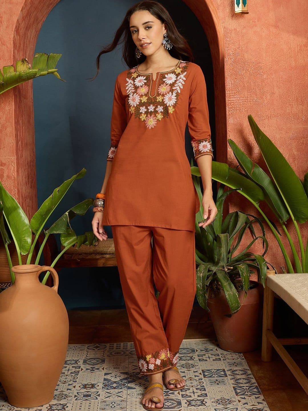 KALINI Women Floral Embroidered Regular Thread Work Pure Cotton Kurti with Trousers - view 1