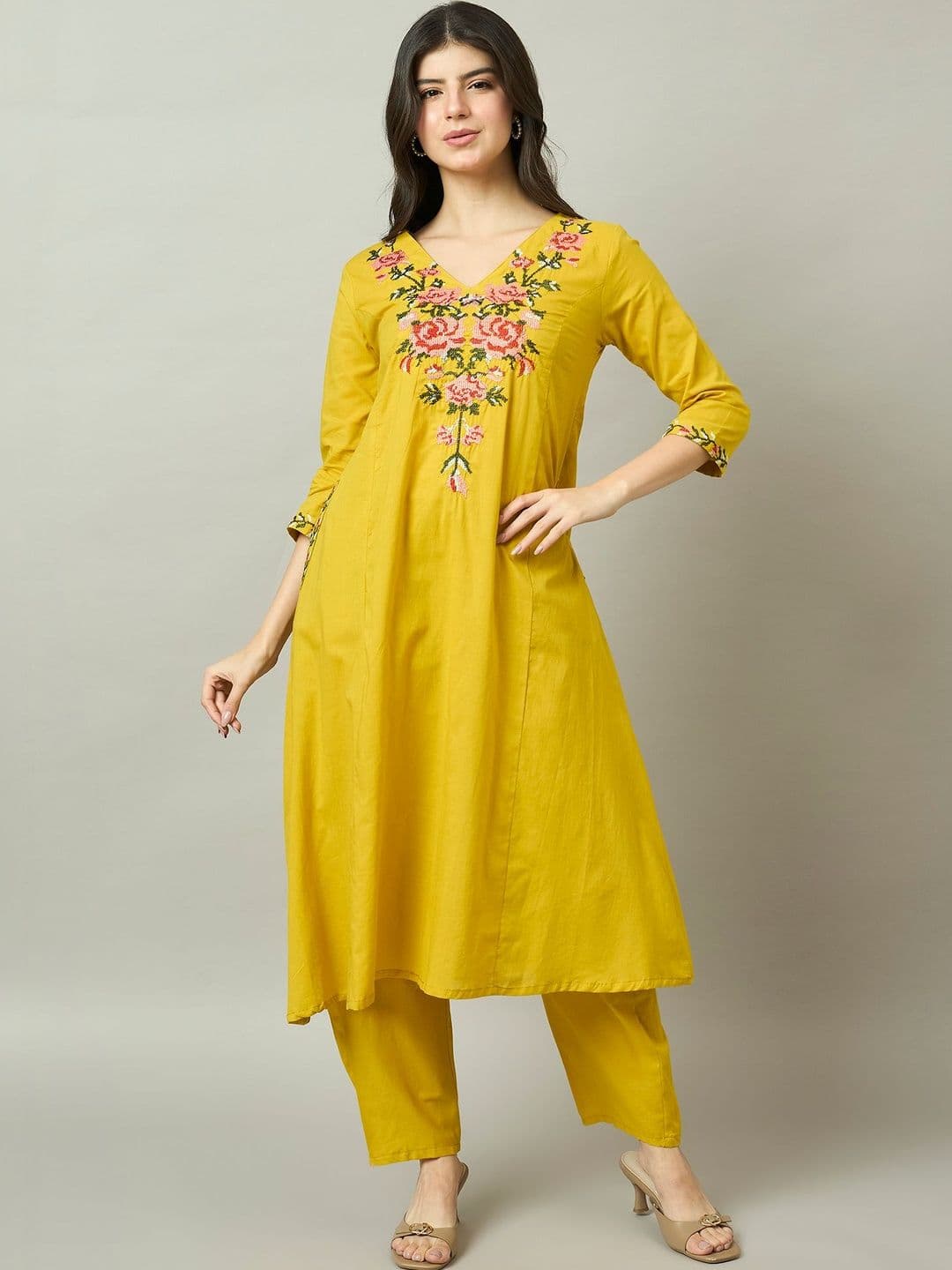 KALINI Women Floral Embroidered Regular Thread Work Pure Cotton Kurta with Trousers - view 1