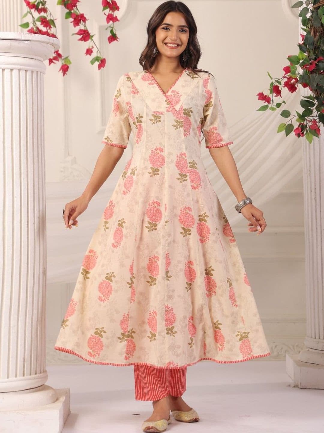 Shivaradhya Designers Women Floral Printed Empire Pure Cotton Kurta with Trousers - view 1
