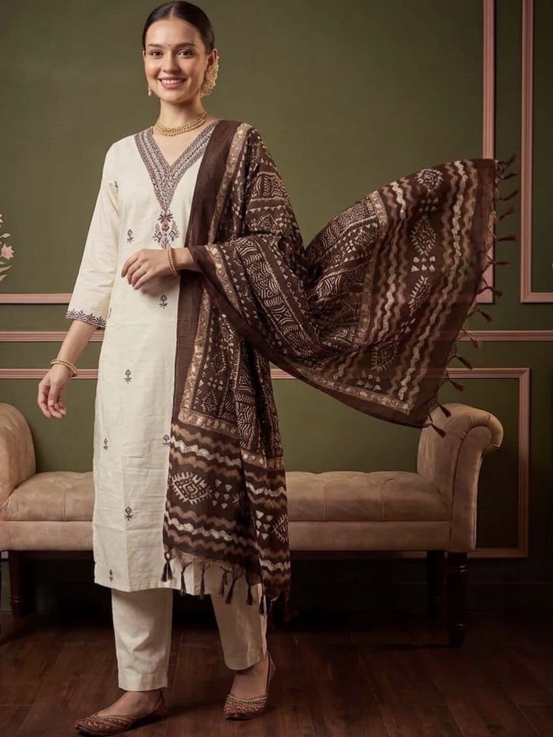 Sangria Women Ethnic Motifs Embroidered Regular Thread Work Pure Cotton Kurta with Trousers & With Dupatta - view 1
