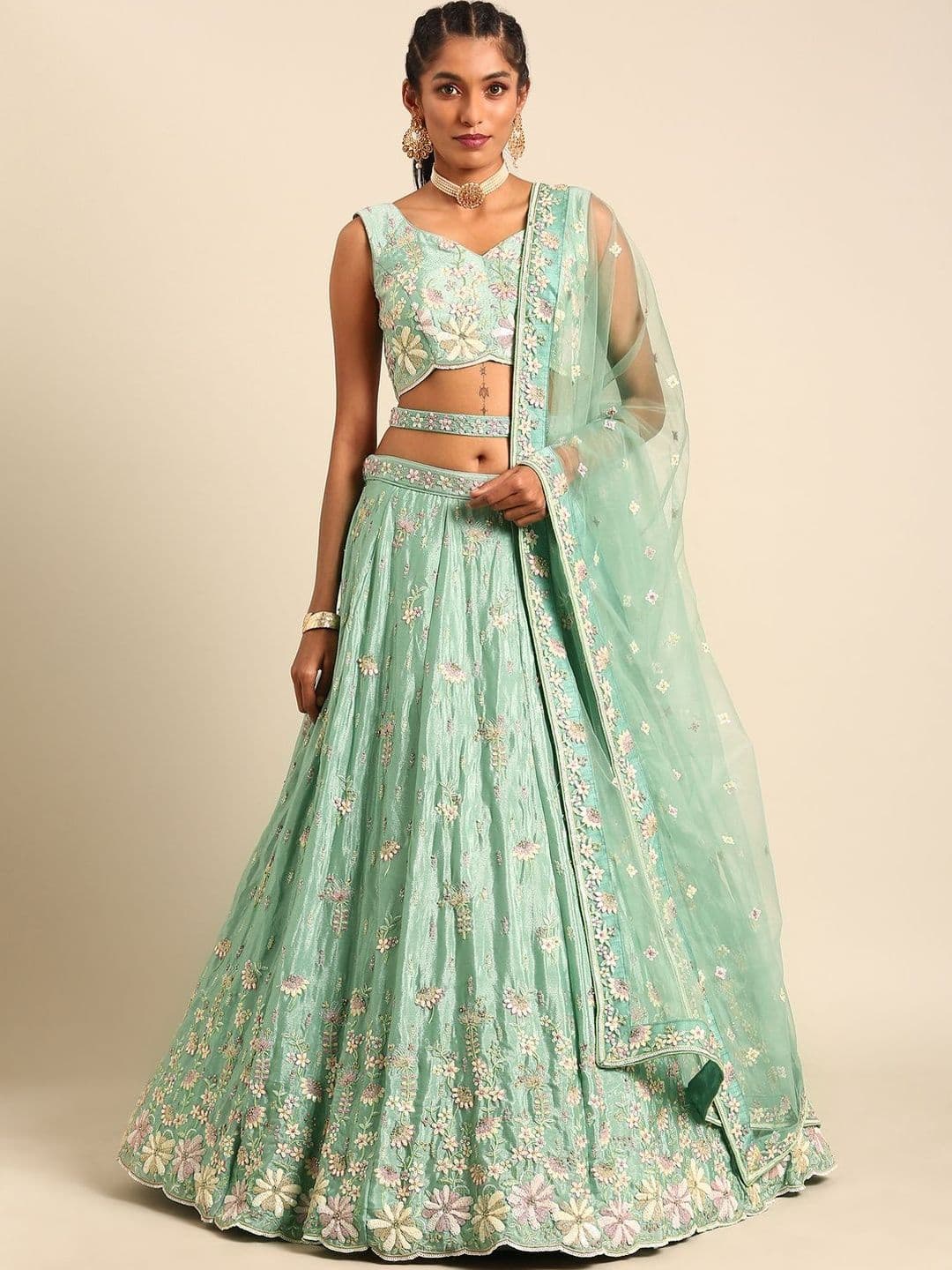 NAVYAAZRI Embroidered Sequinned Unstitched Lehenga & Blouse With Dupatta - view 1