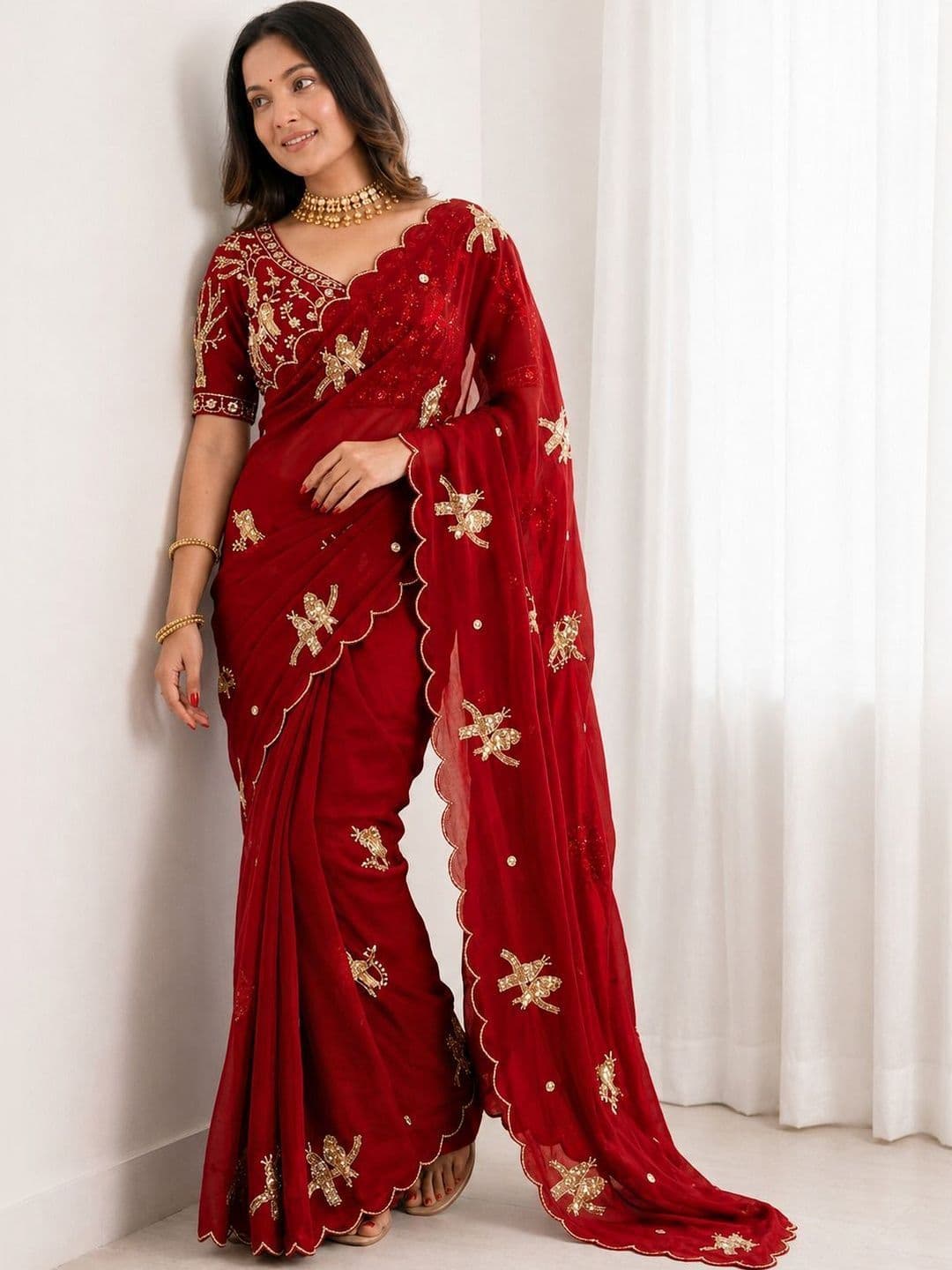 R K CREATION Floral Embroidered Satin Designer Baluchari Saree - view 1
