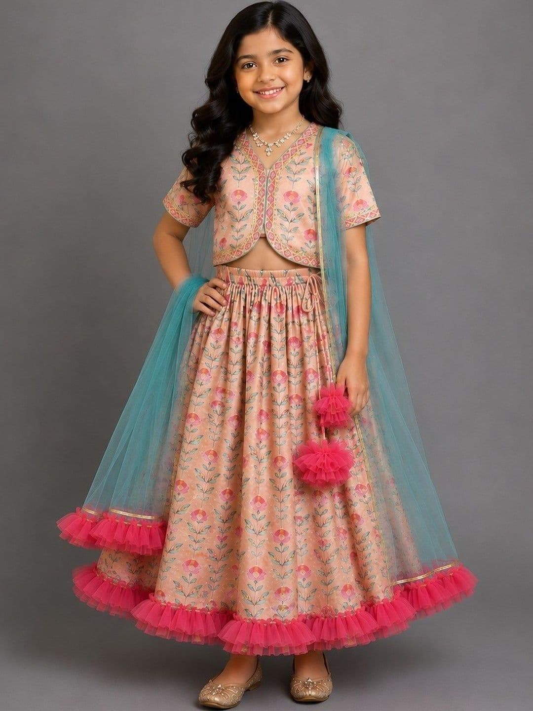 The Little Tales Girls Printed Thread Work Ready to Wear Lehenga & Blouse With Dupatta - view 1