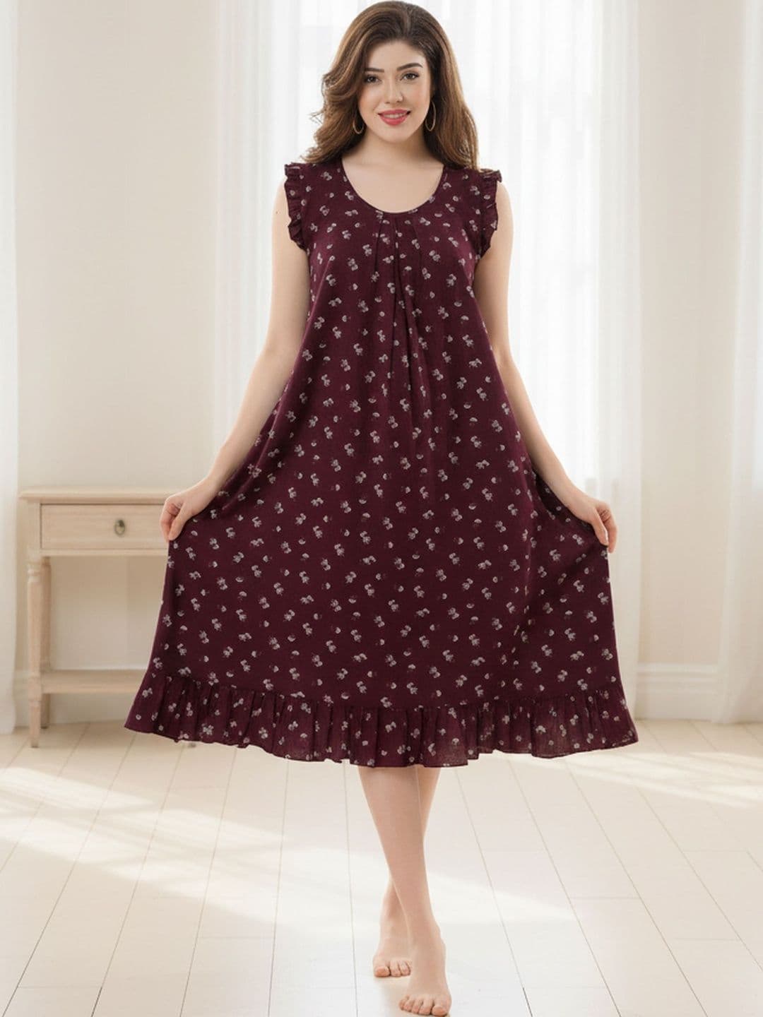 Cloud Soft Women Floral Printed Round Neck Sleeveless Midi Nightdress - view 1