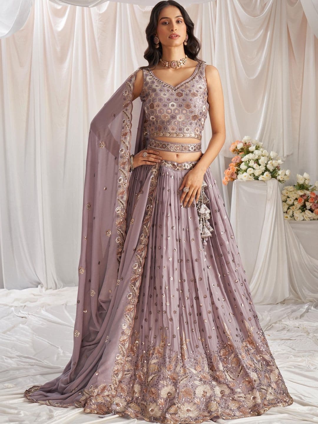NAVYAAZRI Embellished Sequinned Semi-Stitched Lehenga & Unstitched Blouse With Dupatta - view 1