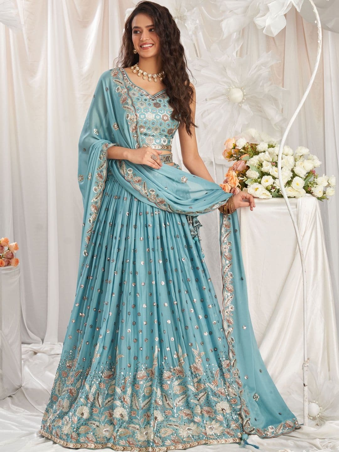 KALINI Embellished Sequinned Semi-Stitched Lehenga & Unstitched Blouse With Dupatta - view 1