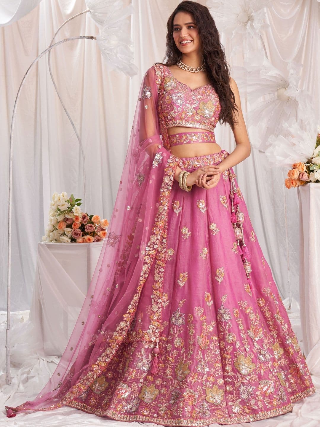 NAVYAAZRI Embellished Sequinned Semi-Stitched Lehenga & Unstitched Blouse With Dupatta - view 1