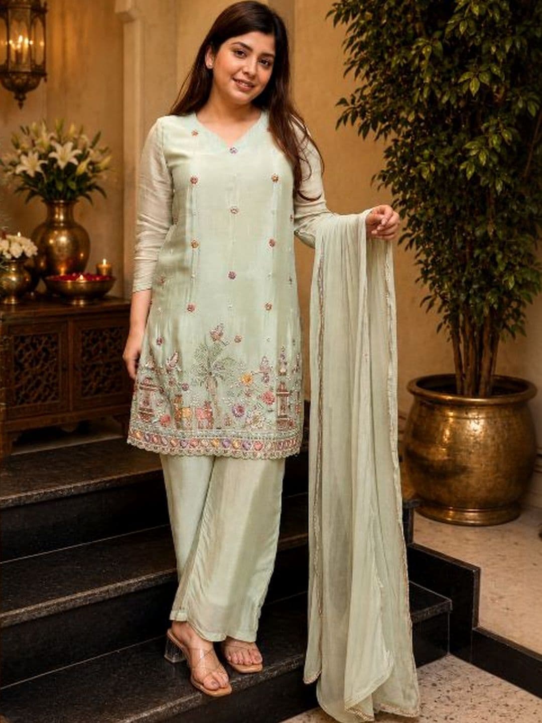 KALINI Women Ethnic Motifs Embroidered Regular Aari Work Kurta with Palazzos & With Dupatta - view 1