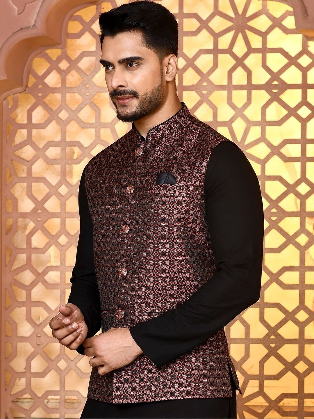 WANAS Men Woven Design Jacquard Nehru Jacket - view 1