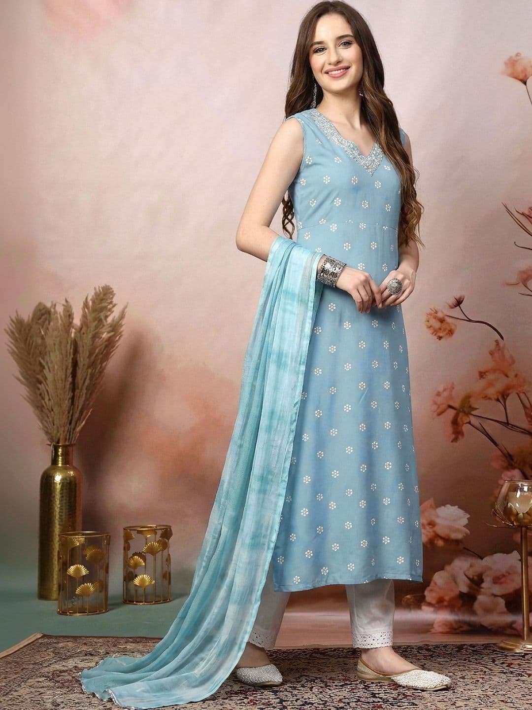 Stylum Women Sky Blue Floral Printed & Embroidered Rayon A-Line Kurta With Dupatta - view 1
