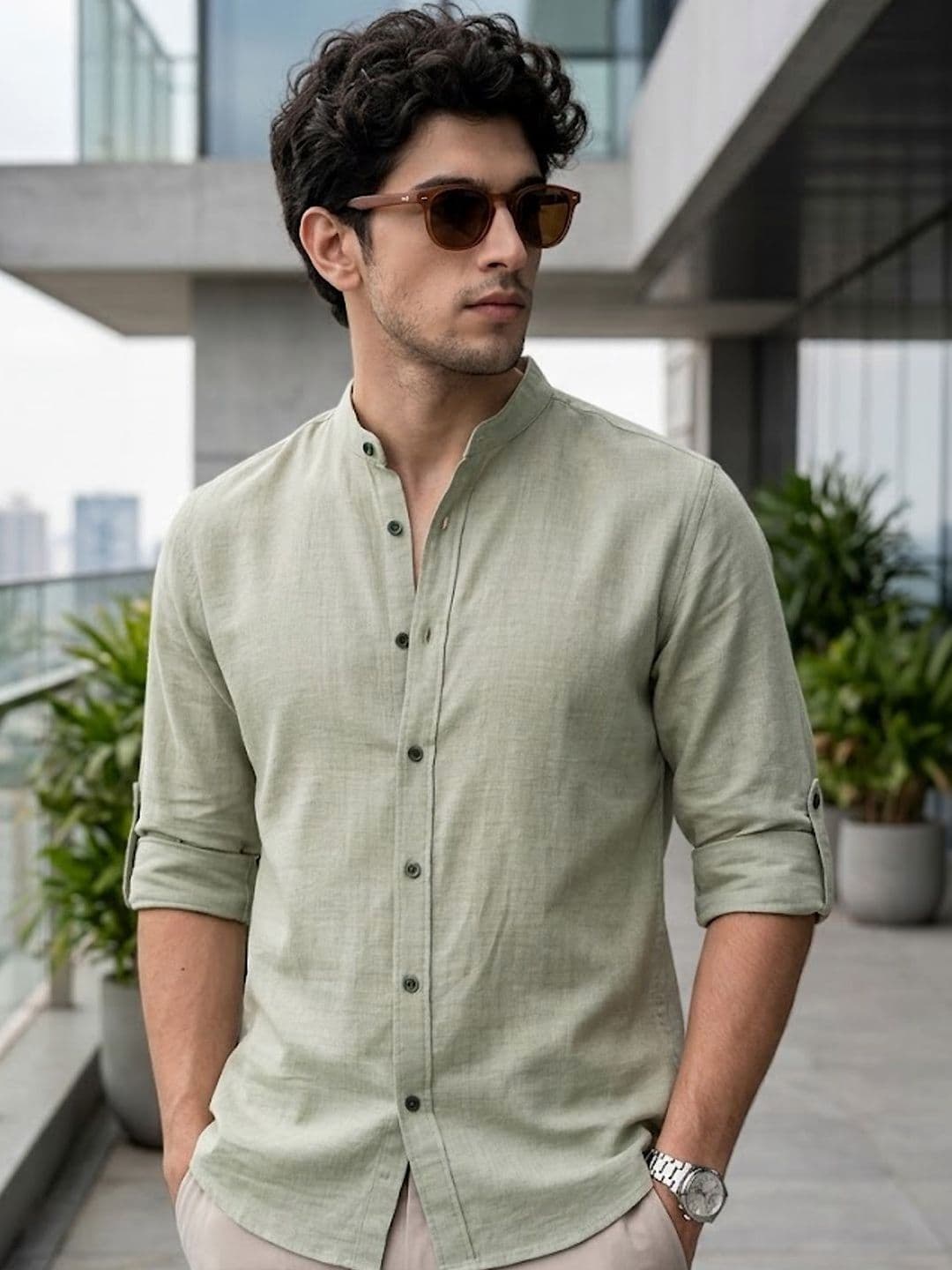 Urbano Fashion Men Light Grey Solid Linen Full Sleeve Relaxed Fit Mandarin Collar Casual Shirt - view 1