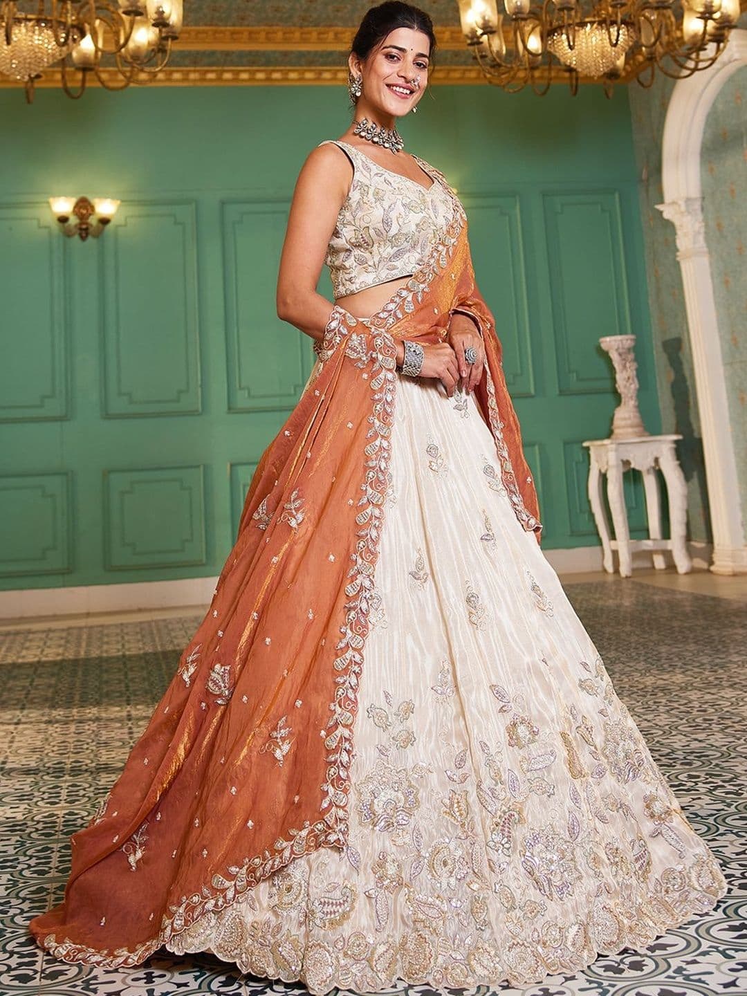 NAVYAAZRI Embroidered Sequinned Semi-Stitched Lehenga & Unstitched Blouse With Dupatta - view 1