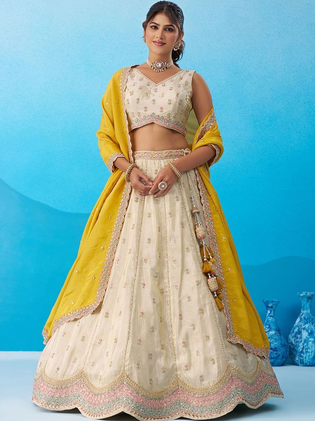 KALINI Embroidered Thread Work Semi-Stitched Lehenga & Unstitched Blouse With Dupatta - view 1