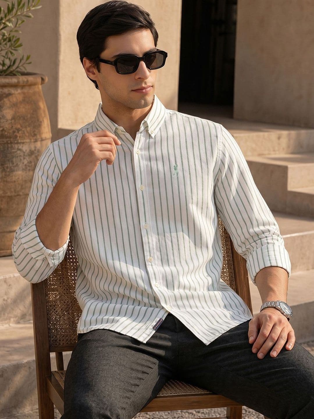 Thomas Scott Men Premium Slim Fit Striped Pure Cotton Casual Shirt - view 1