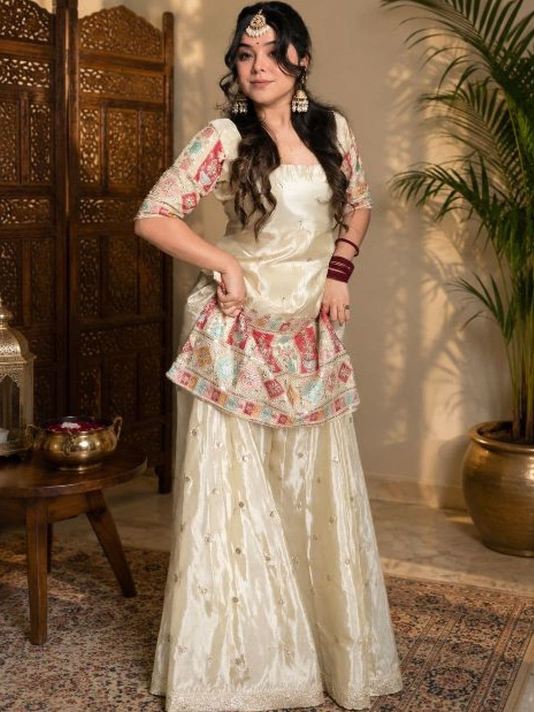 KALINI Women Ethnic Motifs Embroidered Regular Thread Work Kurta with Sharara & With Dupatta - view 1