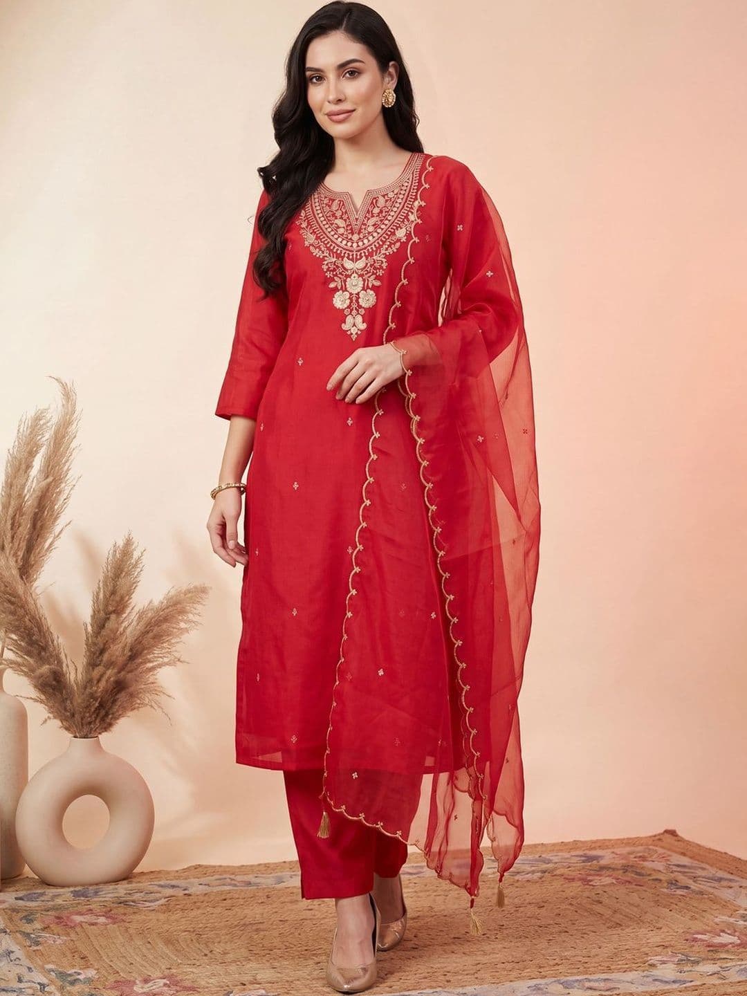 Indo Era Women Ethnic Motifs Embroidered Regular Thread Work Kurta with Trousers & With Dupatta - view 1