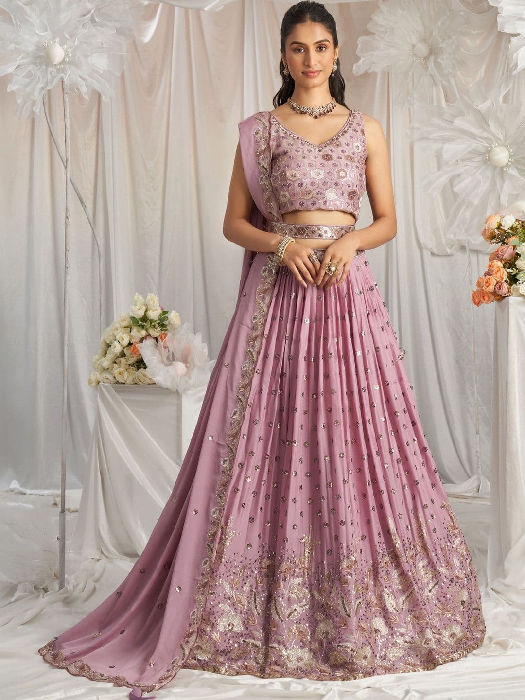 NAVYAAZRI Embroidered Sequinned Semi-Stitched Lehenga & Unstitched Blouse With Dupatta - view 1