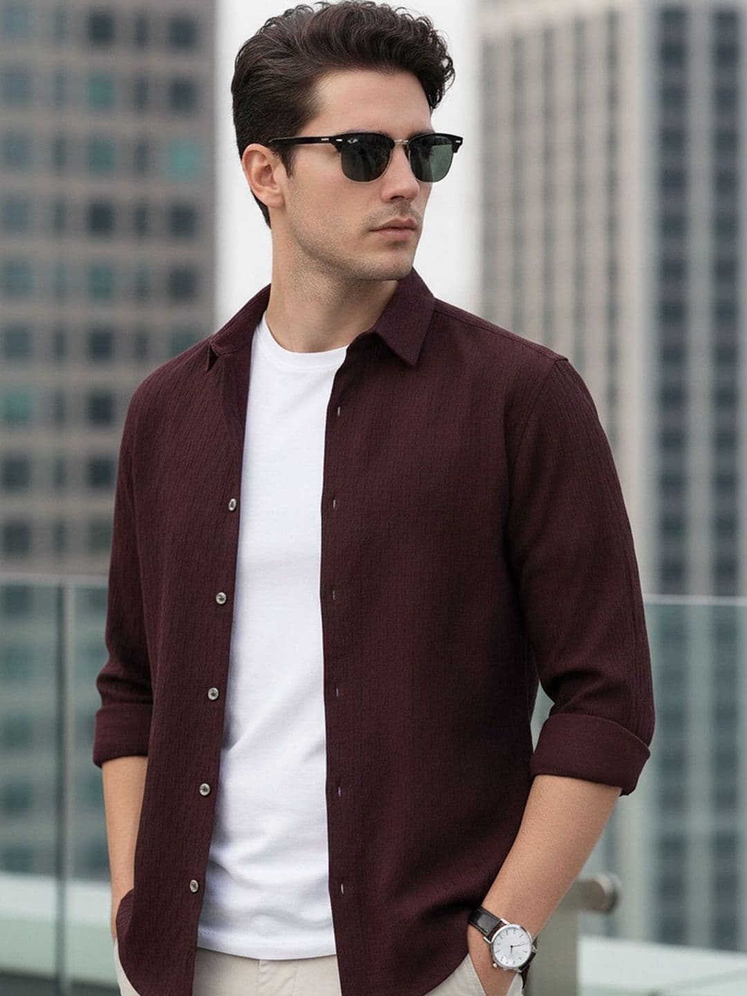Urbano Fashion Men Spread Collar Textured Cotton Casual Shirt - view 1