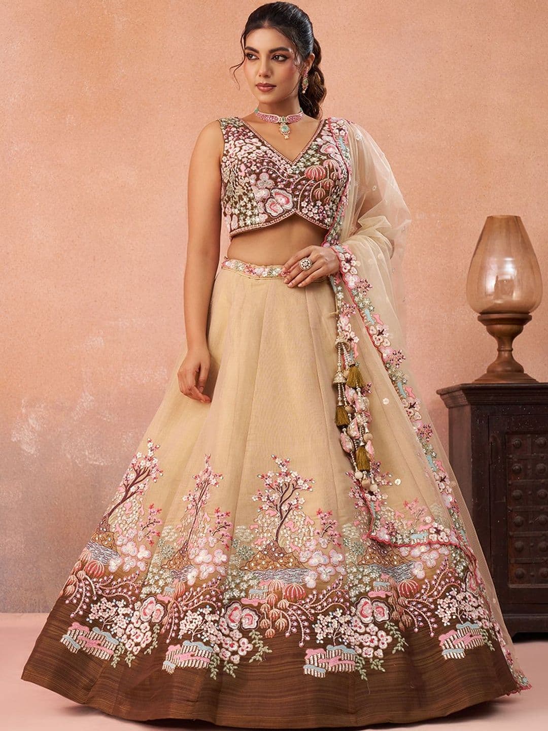NAVYAAZRI Embroidered Sequinned Semi-Stitched Lehenga & Unstitched Blouse With Dupatta - view 1