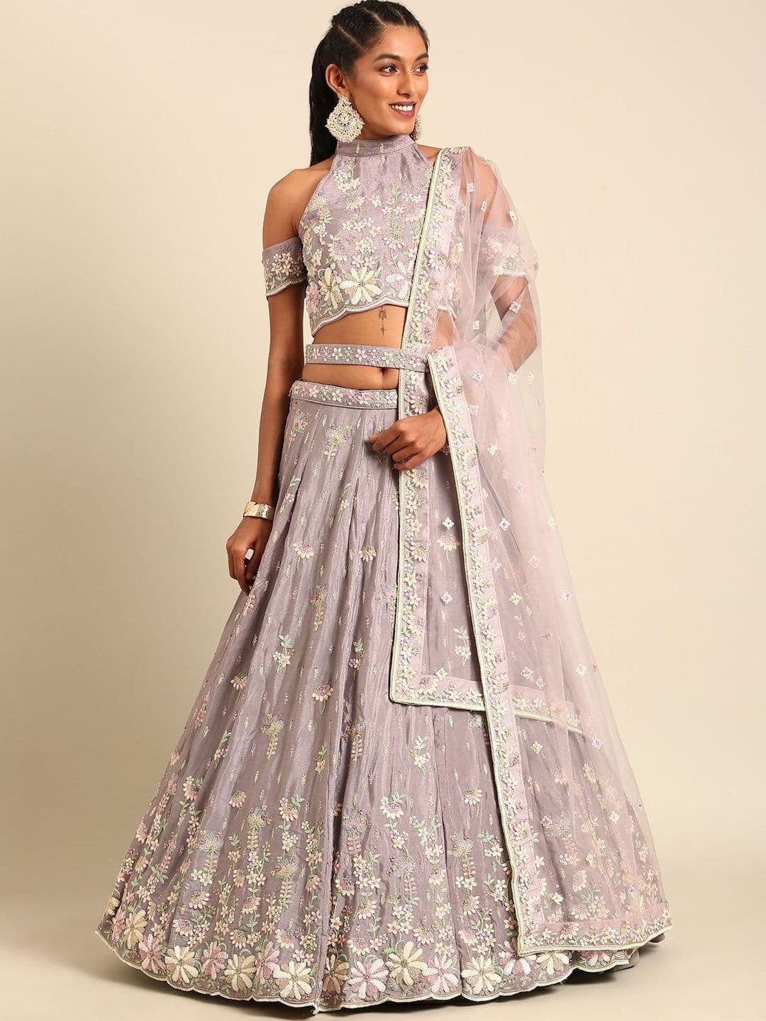 NAVYAAZRI Embroidered Thread Work Semi-Stitched Lehenga & Unstitched Blouse With Dupatta - view 1