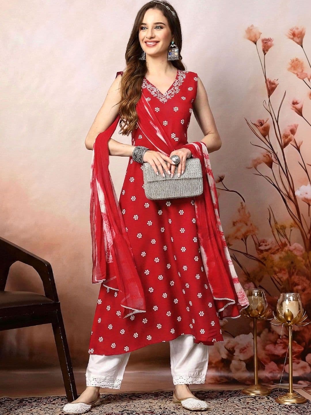 Stylum Women Floral Printed & Embroidered Rayon A-Line Kurta With Dupatta - view 1