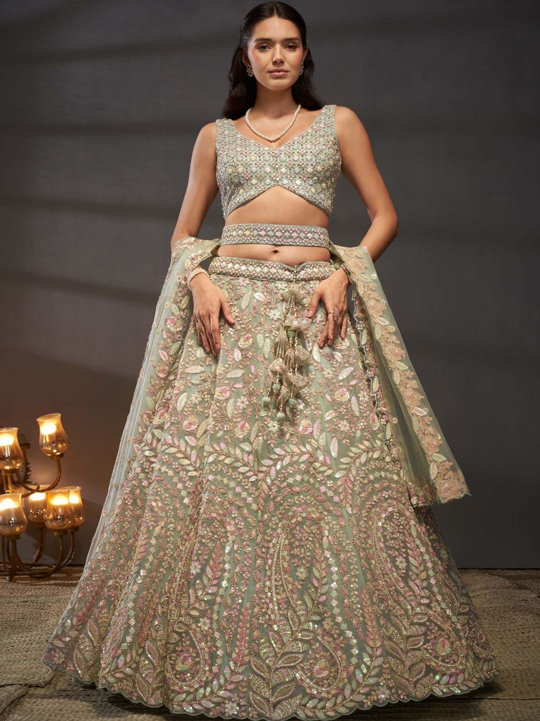 NAVYAAZRI Embellished Sequinned Semi-Stitched Lehenga & Unstitched Blouse With Dupatta - view 1