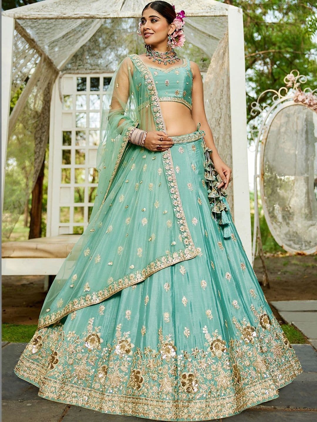 NAVYAAZRI Embroidered Sequinned Semi-Stitched Lehenga & Unstitched Blouse With Dupatta - view 1