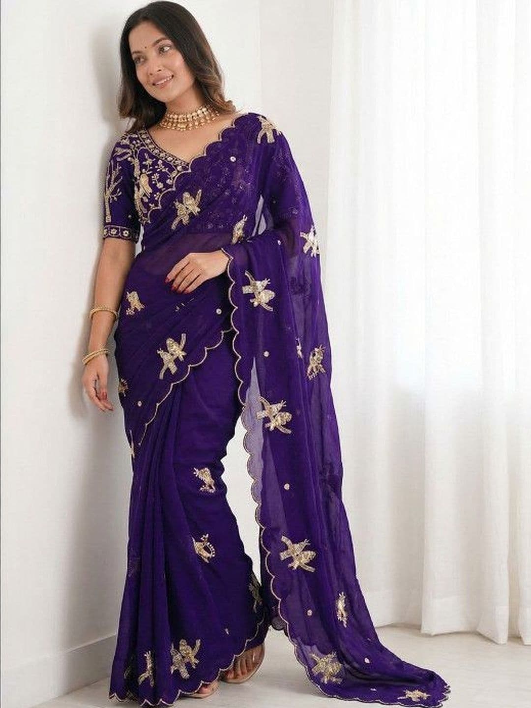 R K CREATION Floral Embroidered Satin Designer Baluchari Saree - view 1