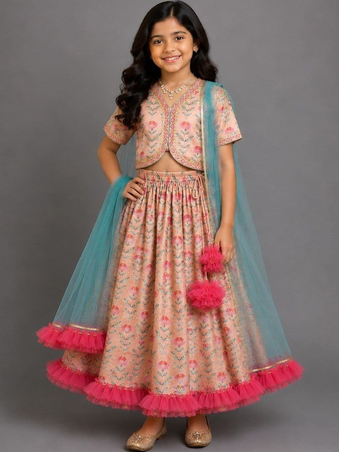 The Little Tales Girls Printed Thread Work Ready to Wear Lehenga & Blouse With Dupatta - view 1