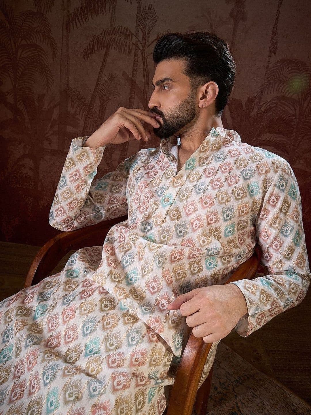 House of Pataudi Printed Mandarin Collar Calf Length Straight Kurtas - view 1