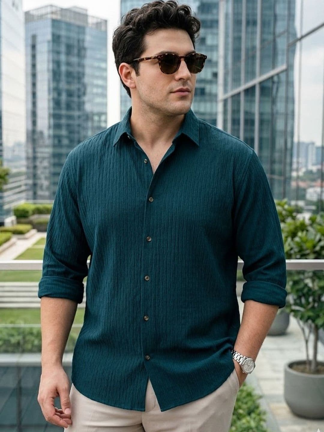 Urbano Plus Men Spread Collar Textured Cotton Casual Shirt - view 1