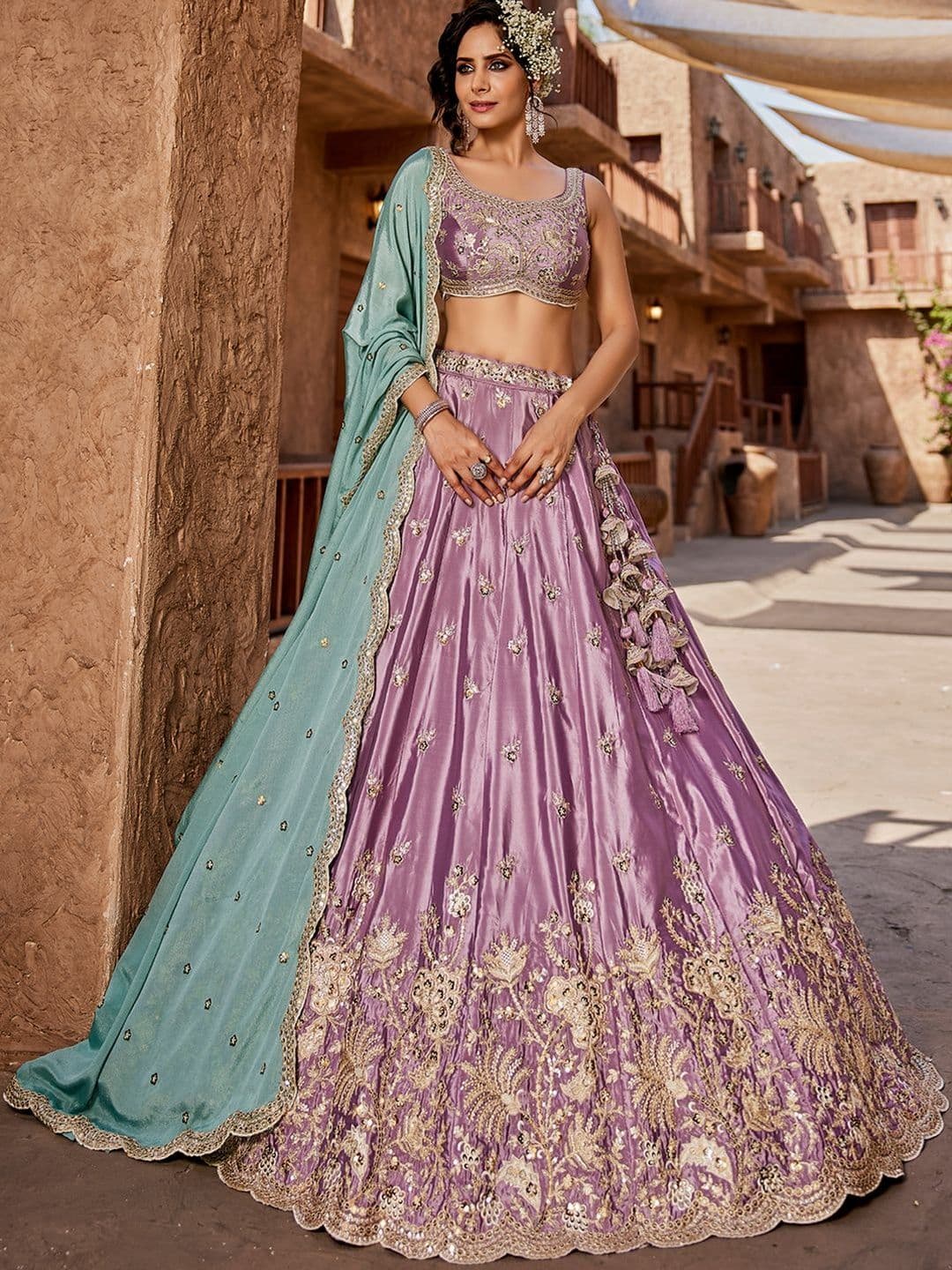 NAVYAAZRI Embellished Sequinned Semi-Stitched Lehenga & Unstitched Blouse With Dupatta - view 1