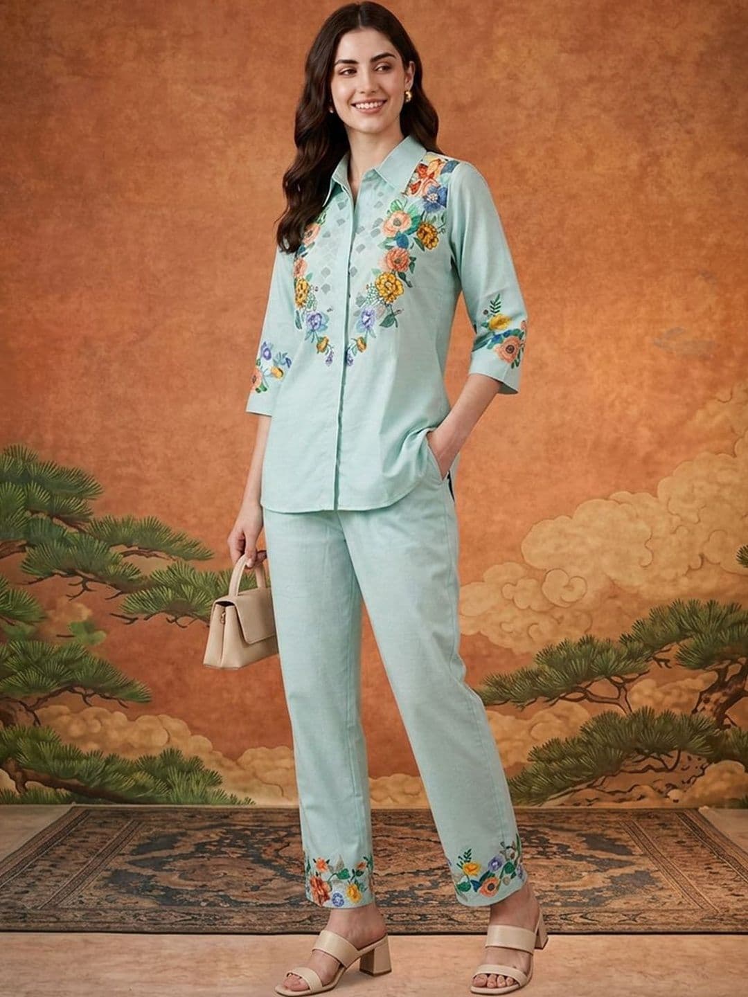 Sangria Floral Linen Embroidered Shirt with Trousers - view 1