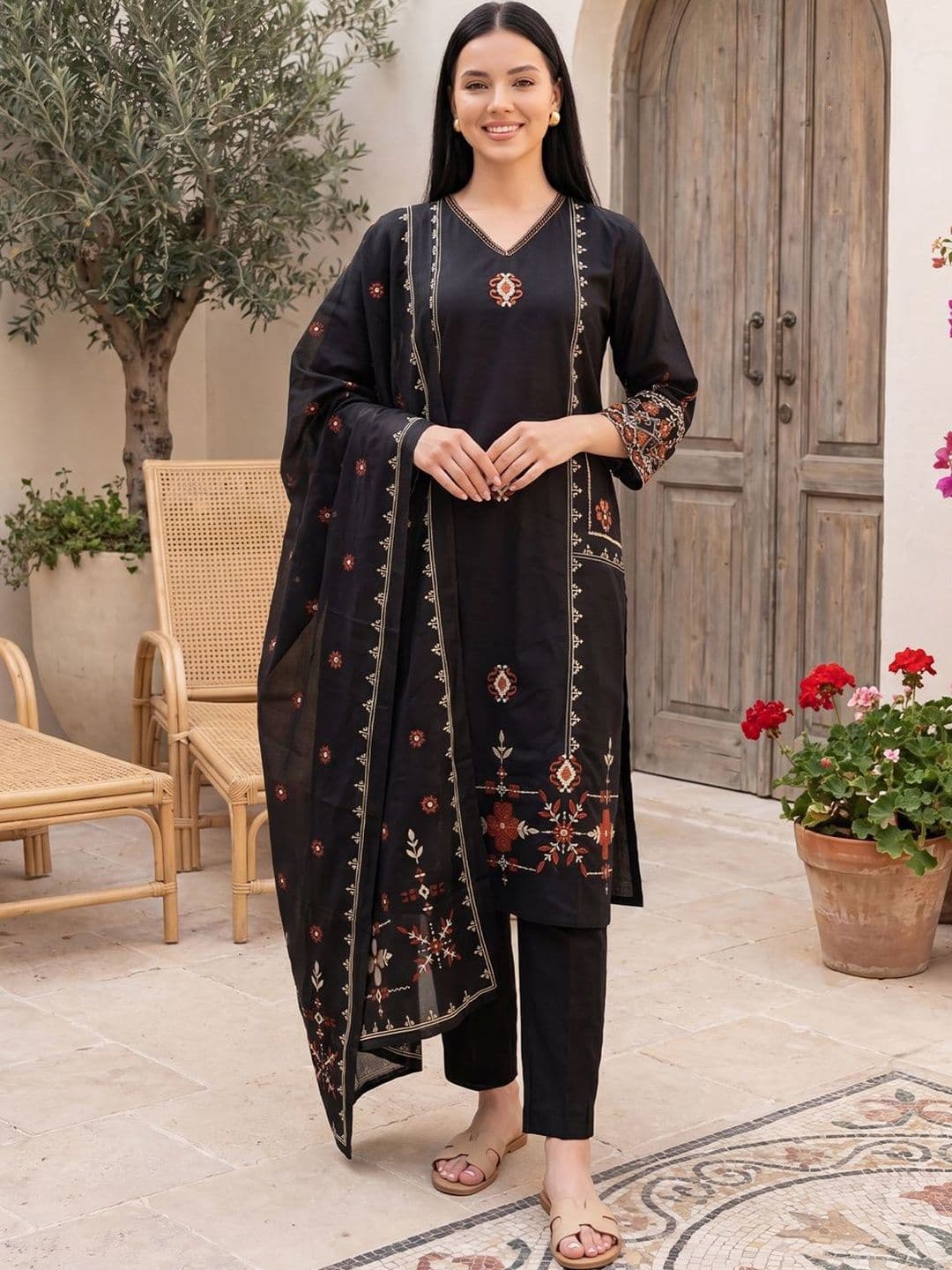 Indo Era Women Ethnic Motifs Embroidered Regular Thread Work Pure Cotton Kurta with Trousers & With Dupatta - view 1