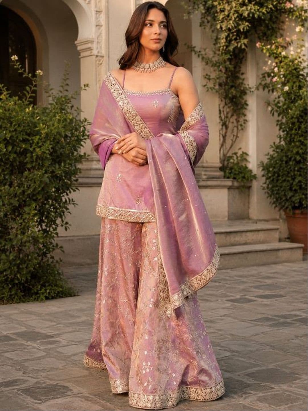 Sangria Women Ethnic Motifs Embroidered Regular Kurta with Sharara & With Dupatta - view 1