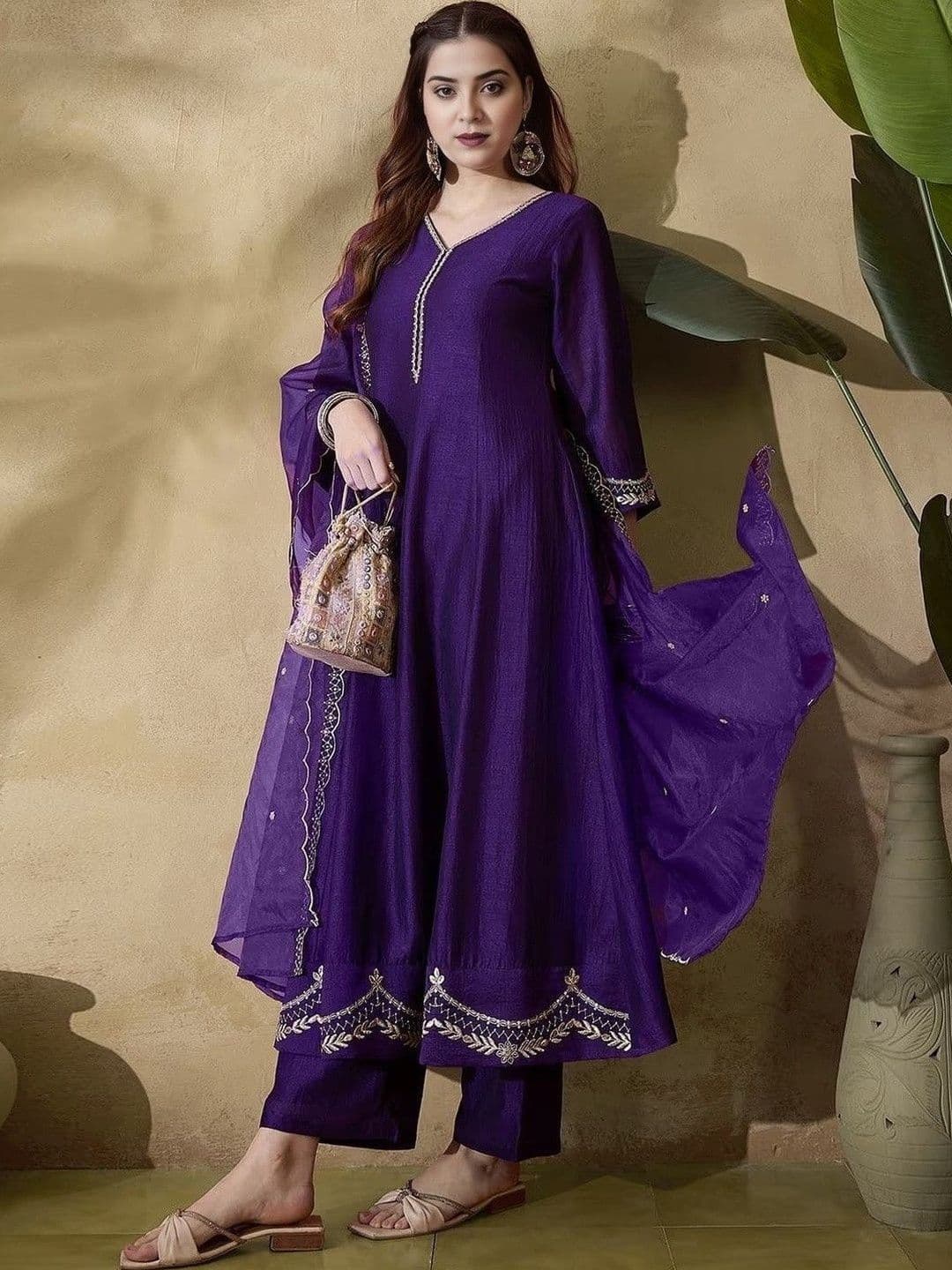 HERE&NOW Women Ethnic Motifs Embroidered Regular Thread Work Kurta with Palazzos & With Dupatta - view 1