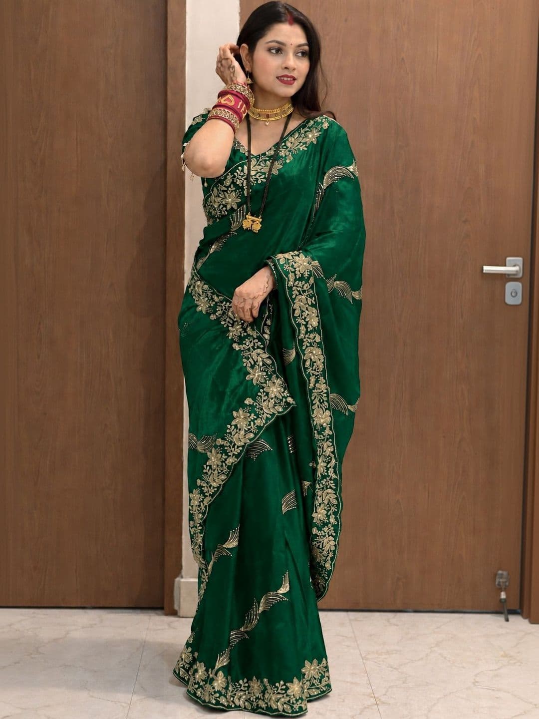 R K CREATION Floral Zari Satin Designer Baluchari Saree - view 1