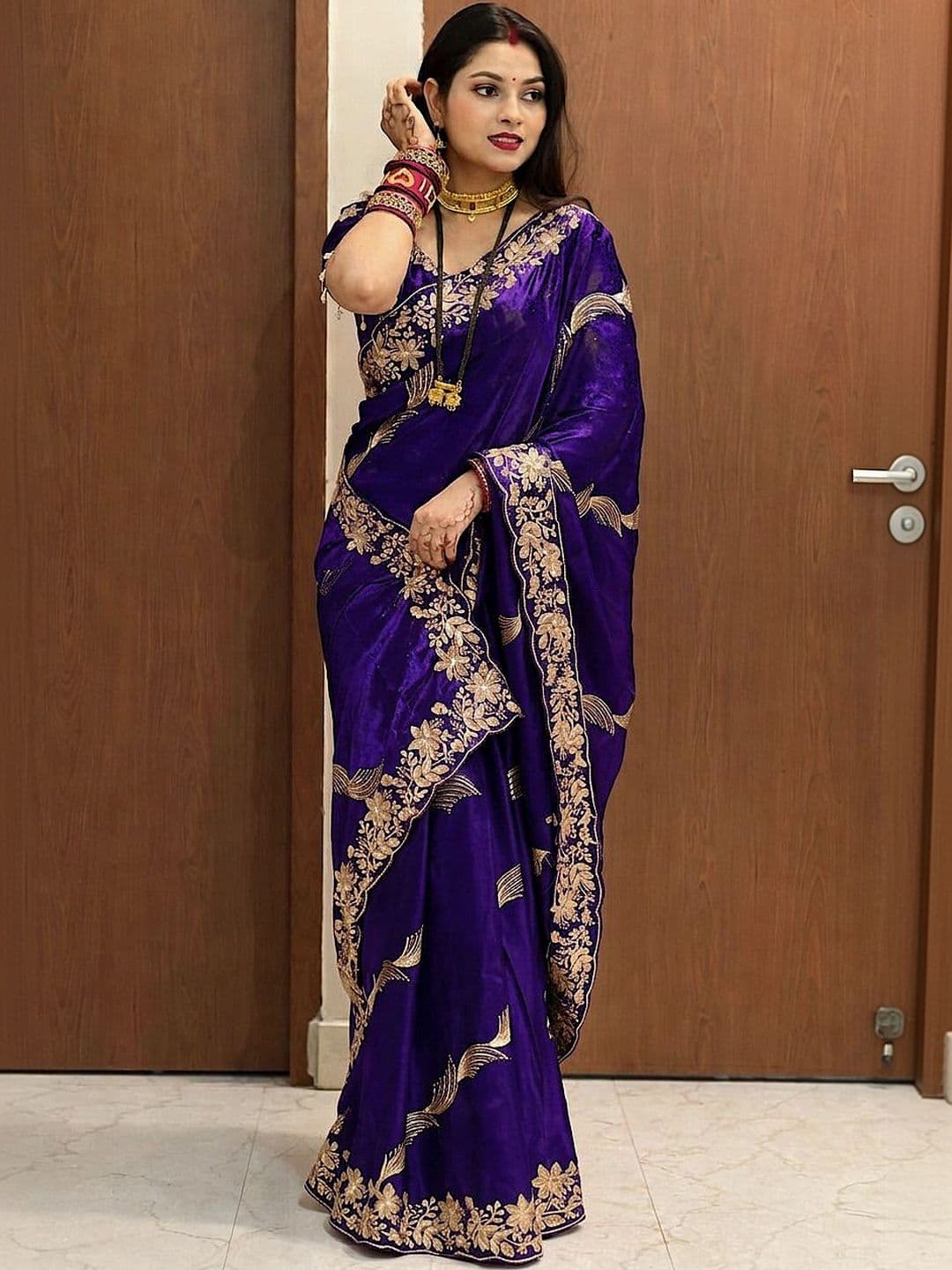 R K CREATION Floral Embroidered Satin Designer Baluchari Saree - view 1