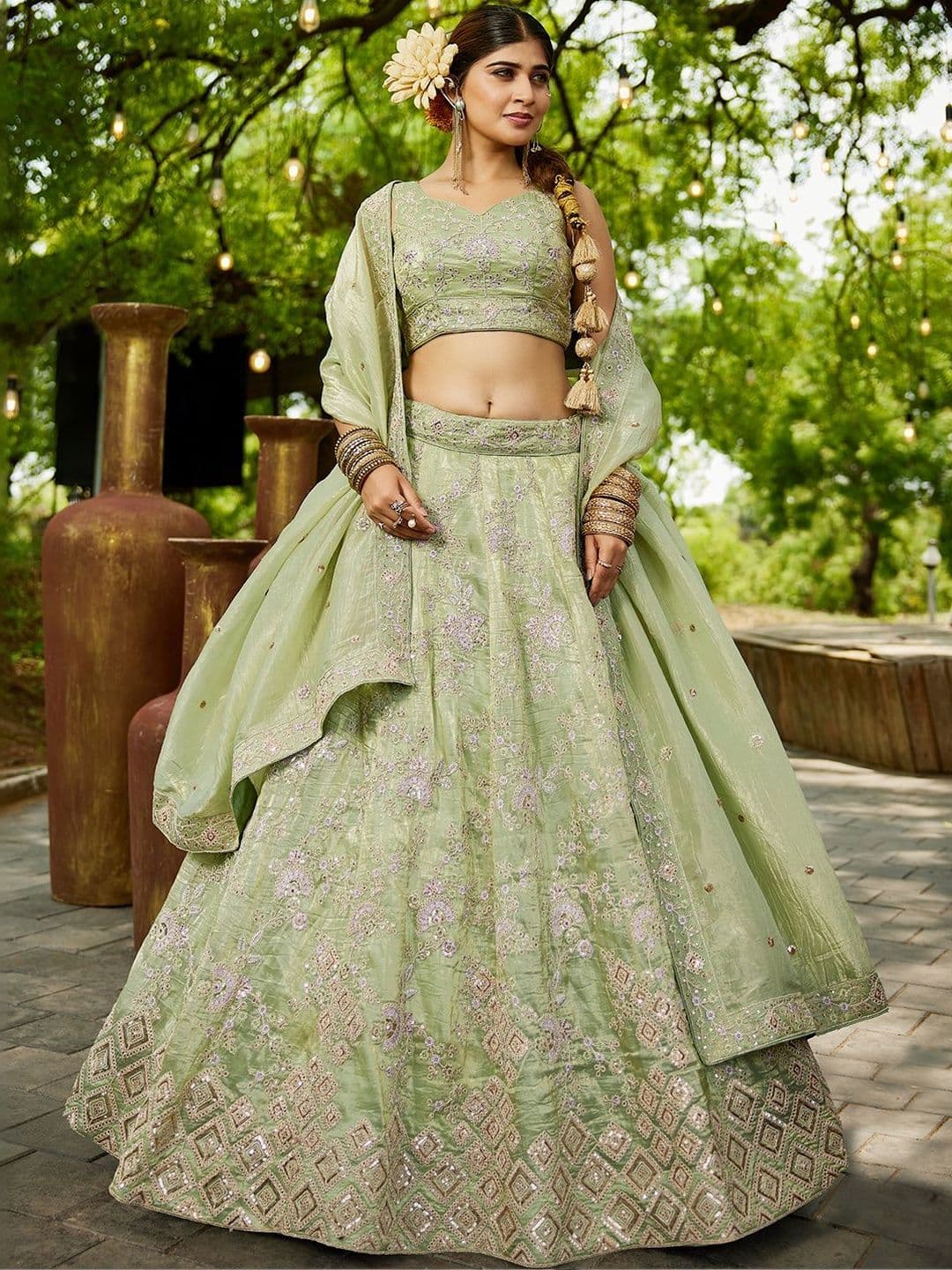 NAVYAAZRI Embroidered Sequinned Semi-Stitched Lehenga & Unstitched Blouse With Dupatta - view 1