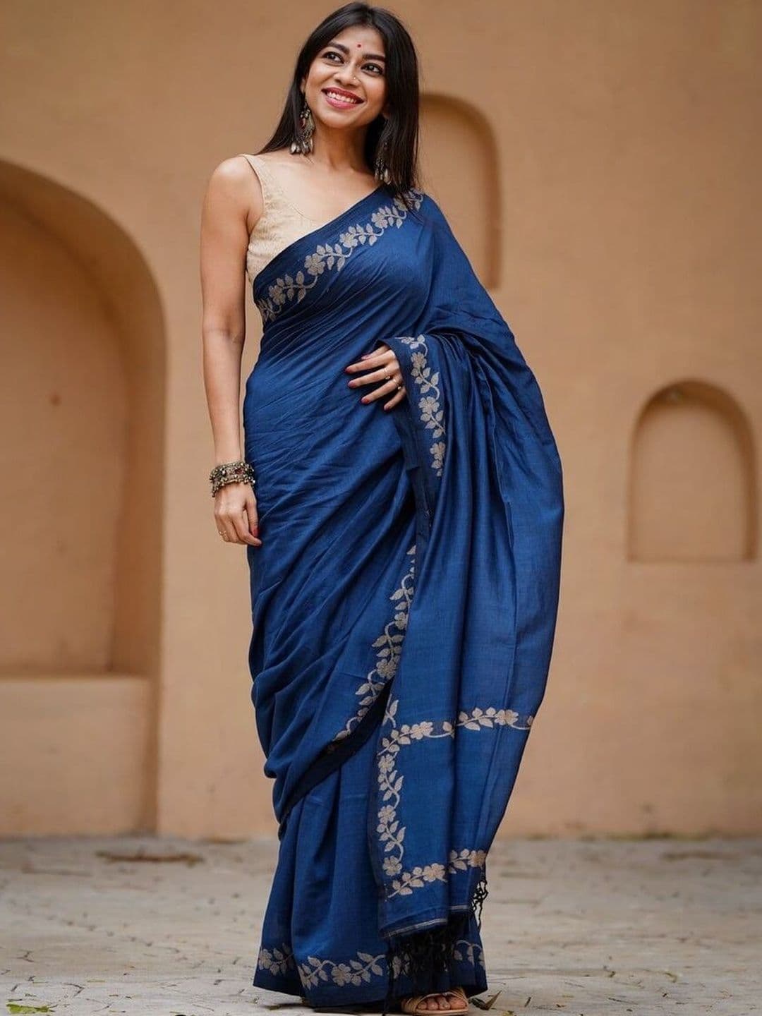 Sangria Floral Embroidered Linen Blend Designer Saree - view 1