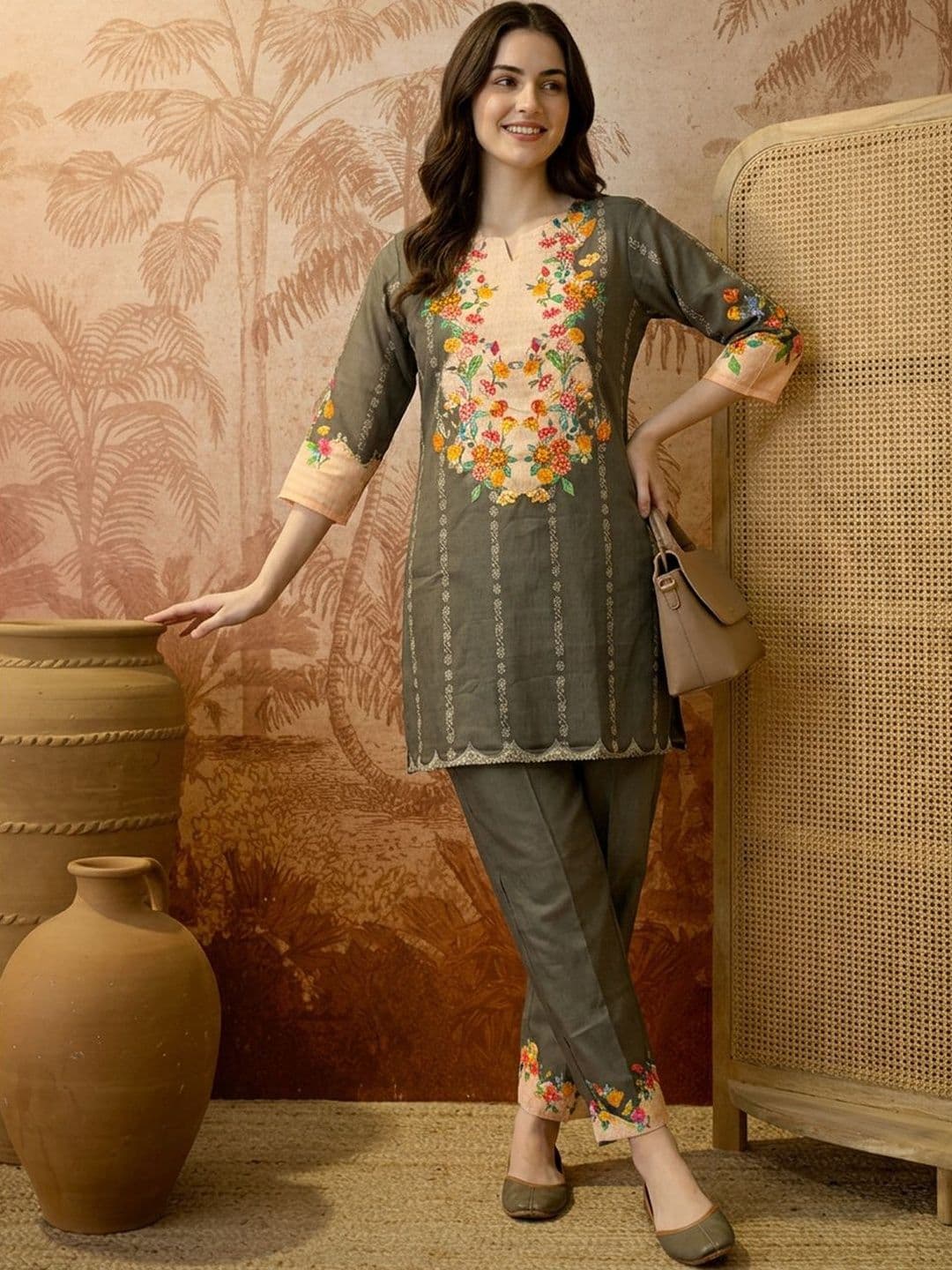 Sangria Floral Linen Printed Tunic with Trousers - view 1