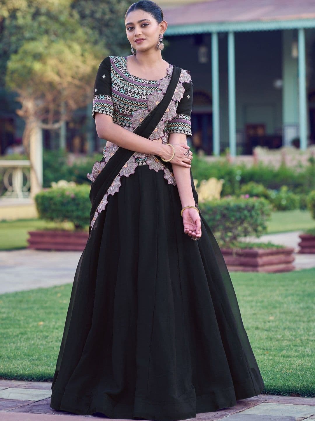 LOOKNBOOK ART Embroidered Ready to Wear Lehenga & Unstitched Blouse With Dupatta - view 1