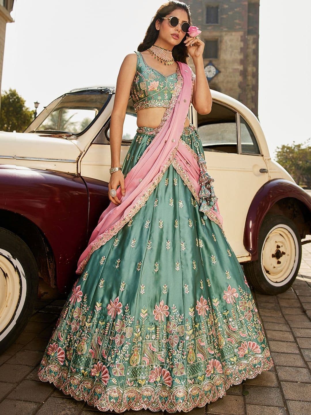 NAVYAAZRI Embroidered Sequinned Semi-Stitched Lehenga & Unstitched Blouse With Dupatta - view 1