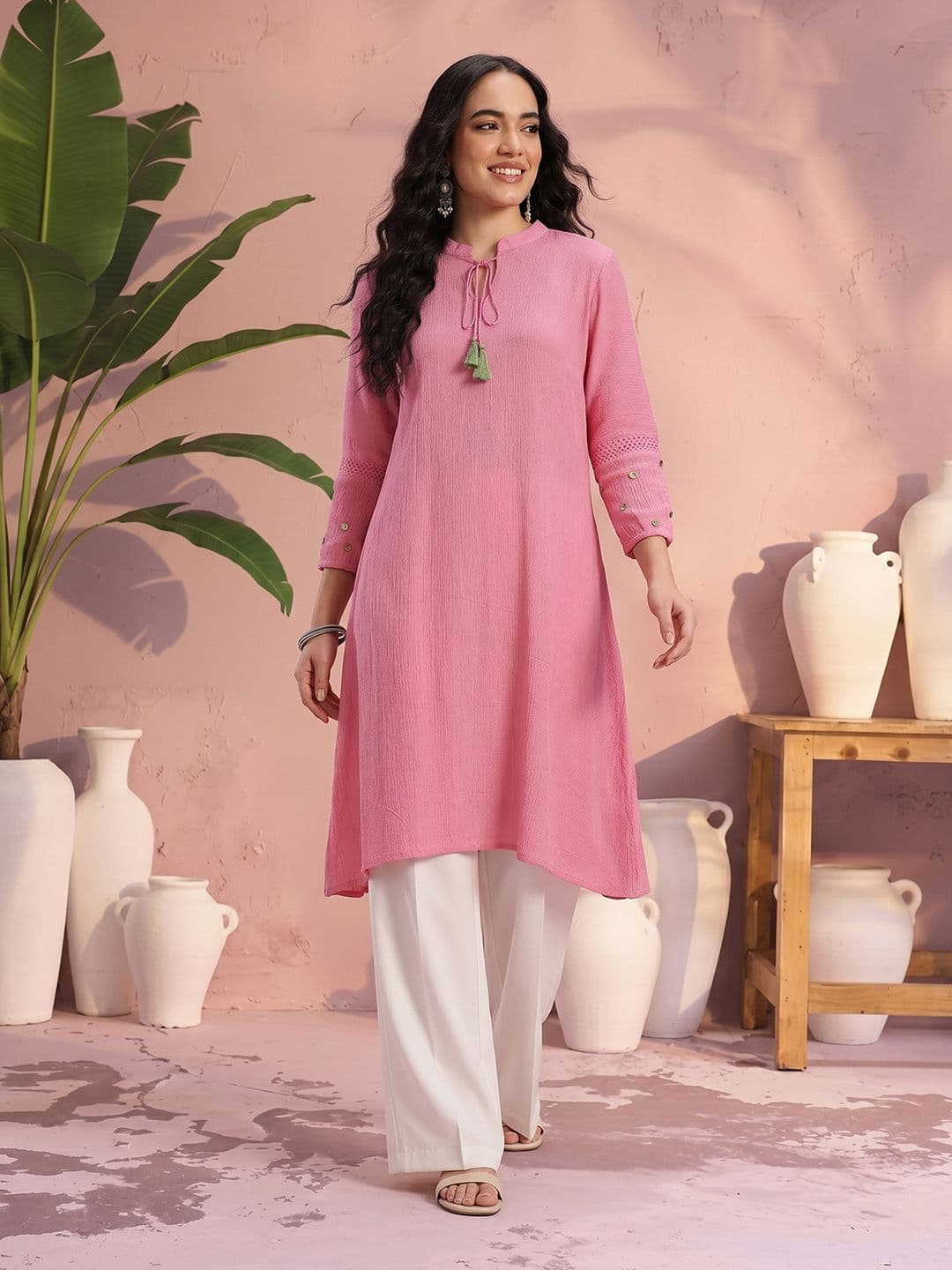 Sangria Mirror Work Crinkled Asymmetric Hem A-line Kurta - view 1