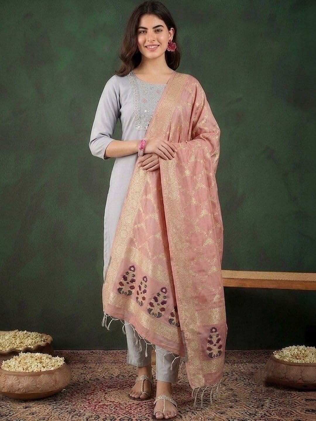 Sangria Floral Yoke Design Thread Work Straight Kurta And Trousers With Dupatta - view 1