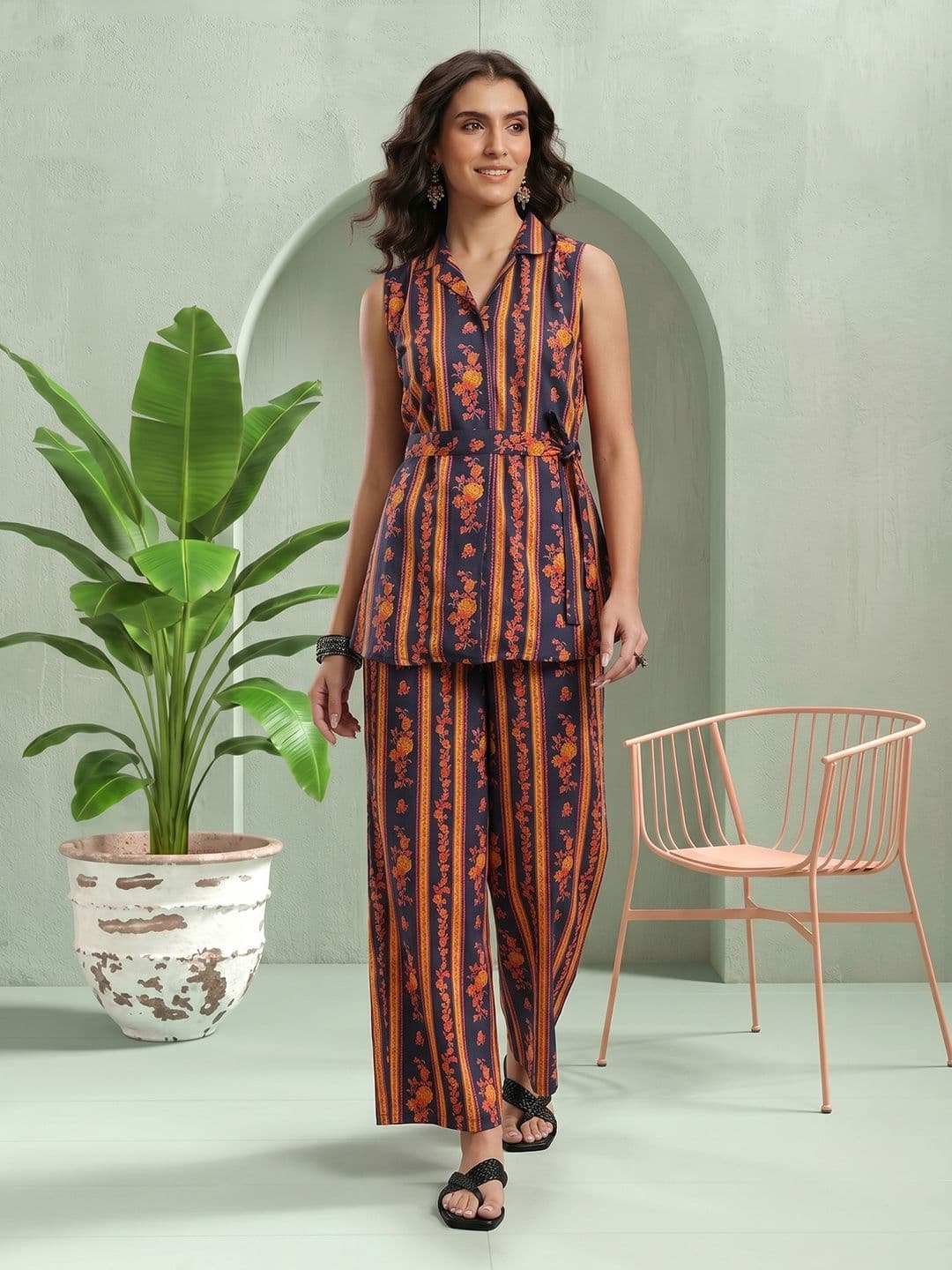 Sangria Floral Print Striped Cotton Co-Ords - view 1