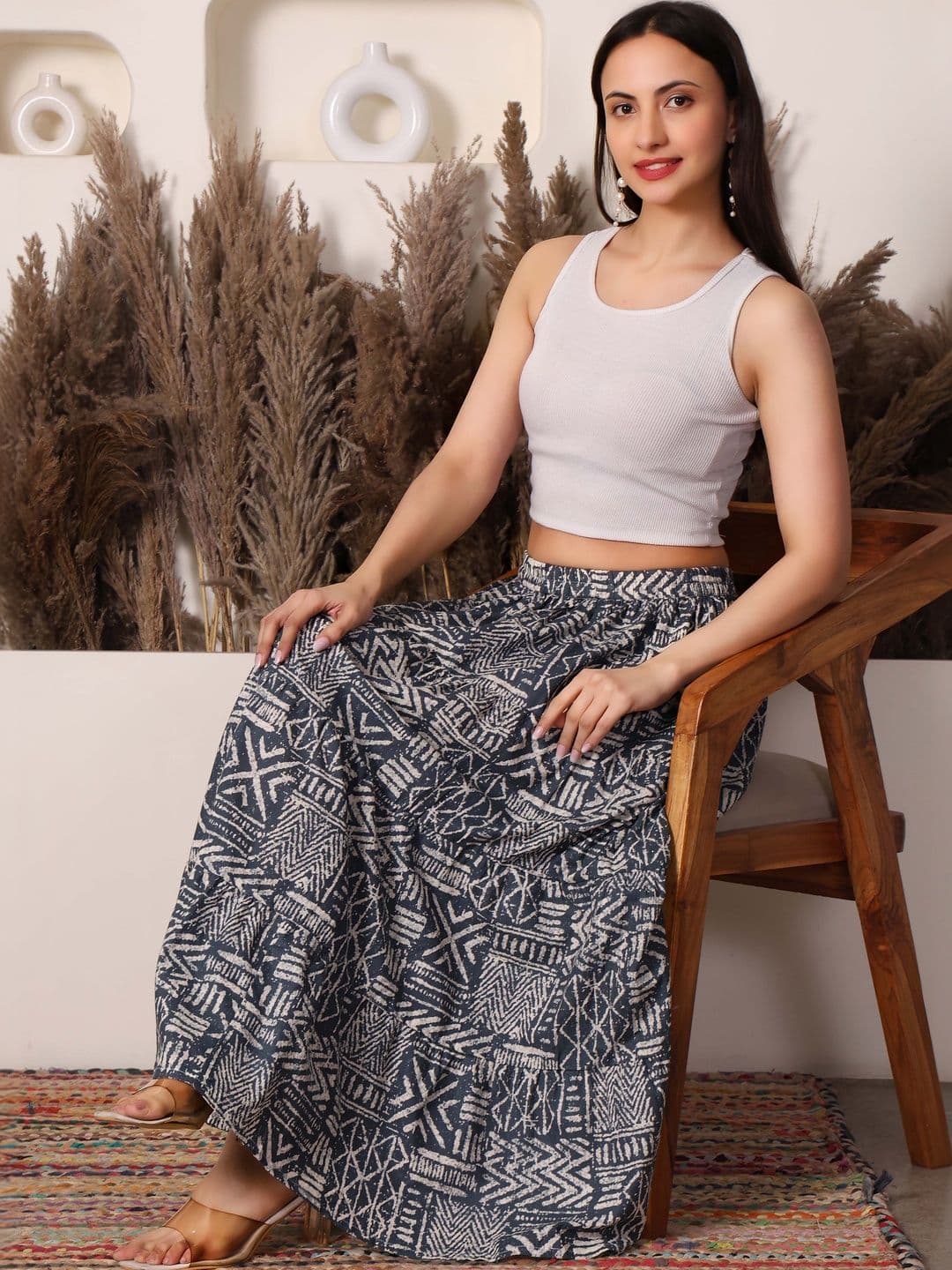 BAESD Women Pure Cotton Blend Geometric Tribal or Aztec Print Maxi Flared Skirt - view 1