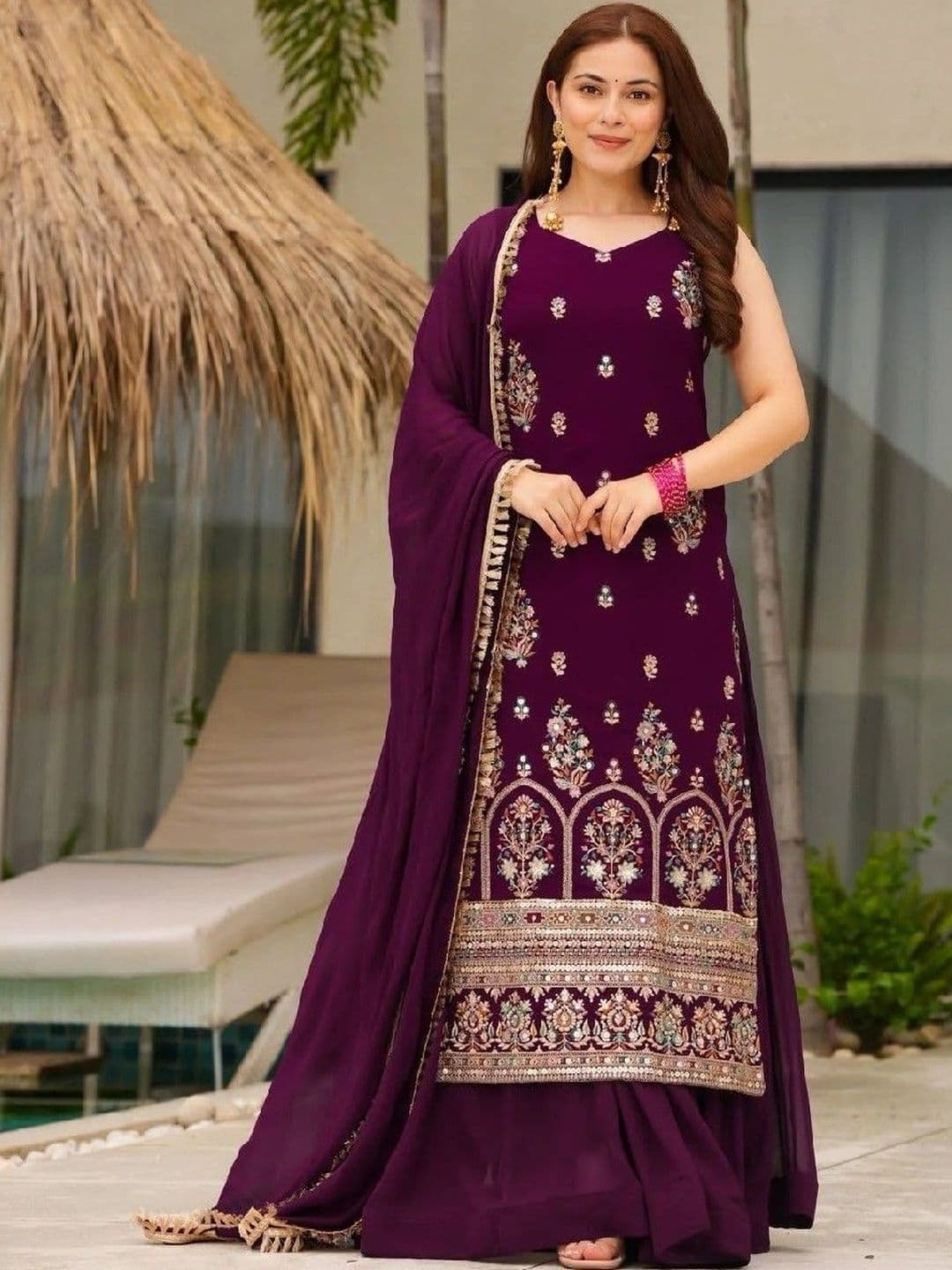 HERE&NOW Women Ethnic Motifs Embroidered Regular Thread Work Kurta with Sharara & With Dupatta - view 1